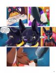 2018 absurd_res anthro anubian_jackal balls black_balls black_penis blush brown_hair canid canine canis collar comic dialogue digital_drawing_(artwork) digital_media_(artwork) dildo dipstick_tail domestic_dog double_dildo duo ellipsis english_text exclamation_point fox fur genitals gimp_suit glistening green_eyes hair hi_res jackal latex liam_(tempestus_vulpis) male male/male mammal markings multicolored_body multicolored_fur multicolored_tail nude open_mouth oral orange_body orange_fur penis purple_eyes purple_nose question_mark red_light_dreams sex_toy simple_background sitting sound_effects speech_bubble tail tail_markings tempestus_vulpis text vein