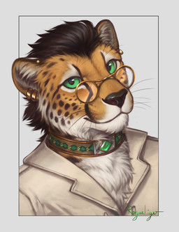 anthro brown_hair clothing collar ear_piercing ear_ring eyewear fur gem glasses green_eyes hair inner_ear_fluff jewel_collar looking_at_viewer male piercing ring_piercing solo spots tan_body tan_fur tuft wearing_glasses whiskers white_body white_fur rogueliger roidhcheetah cheetah felid feline mammal bust_portrait digital_media_(artwork) portrait signature