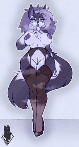 anthro big_breasts black_clothing black_footwear black_high_heels breasts chest_tuft clothing eyewear female footwear front_view genitals glasses hair high_heels legwear navel nipples open_mouth shoes simple_background solo standing stockings tail tuft vulva wide_hips kdhynamo coffee_buns boss_(coffee_buns) canid canine canis mammal wolf 2025 digital_media_(artwork)