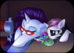 blue_eyeshadow candy clothing costume dessert duo eyes_closed eyeshadow eyewear female feral food fur glasses green_eyes hair horn makeup multicolored_hair purple_hair sewing_machine sleeping two_tone_hair white_body white_fur young young_feral rizcifra friendship_is_magic hasbro my_little_pony mythology dracula rarity_(mlp) sweetie_belle_(mlp) equid equine mammal mythological_creature mythological_equine unicorn 2011