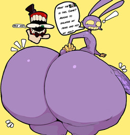 anthro big_butt big_penis bow_tie butt butt_expansion caine_censorship censor_bar censored_speech censored_text clothing erection exclamation_point expansion genitals gloves grawlixes handwear hat headgear headwear huge_butt huge_hips huge_penis huge_thighs hyper hyper_butt hyper_genitalia hyper_penis looking_back male nude penis profanity purple_body question_mark solo speech_bubble text thick_thighs top_hat wide_hips anothercat glitch_productions the_amazing_digital_circus caine_(tadc) jax_(tadc) lagomorph leporid mammal rabbit english_text hi_res