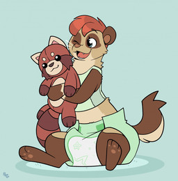3_toes ambiguous_gender anthro blush blush_lines brown_body brown_ears brown_fur brown_inner_ear brown_nose brown_pawpads brown_tail clean_diaper clothed clothing diaper fangs feet fur gloves_(marking) green_background green_clothing green_shirt green_tank_top green_topwear hair holding_object holding_plushie logo markings multicolored_body multicolored_fur one_eye_closed open_mouth open_smile pawpads plushie red_hair shirt simple_background sitting smile solo tail tan_body tan_fur tan_tail tank_top teeth toes topwear two_tone_tail wearing_diaper bubblepuppers anya_(fauxhammer) ailurid domestic_ferret mammal mustelid musteline red_panda true_musteline weasel artist_logo full-length_portrait hi_res portrait nonbinary_(lore)