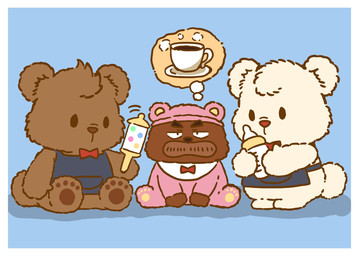 anthro apron beverage border bow_tie brown_body chibi clothing coffee container cup dot_eyes group mug simple_eyes sitting white_border young young_anthro shigeshigelino kumalino sanrio drip_(kumalino) roast_(kumalino) syrup_(kumalino) bear mammal 2023 hi_res