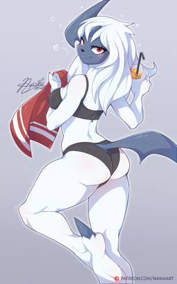 alcohol anthro anthrofied beverage bra breasts butt clothing cocktail drunk female hair lingerie long_hair looking_at_viewer nipple_outline pokemorph red_eyes simple_background solo substance_intoxication towel underwear white_body naika nintendo pokemon absol canid generation_3_pokemon mammal pokemon_(species) 2021 5:8 hi_res