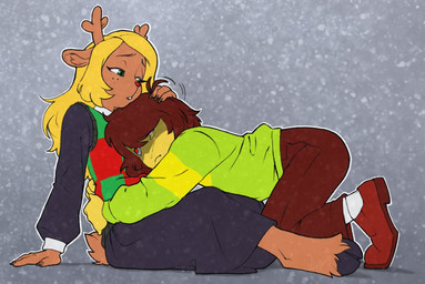 2_toes ambiguous_gender anthro antlers barefoot bent_over black_bottomwear black_clothing black_hooves black_skirt blonde_hair bodily_fluids bottomwear brown_body brown_fur caressing checkered checkered_clothing checkered_shirt checkered_topwear clothed clothed_anthro clothed_female clothed_human clothing cloven_hooves comforting crying dark_hair duo eyebrows feet female fingers footwear freckled_face freckles frown fully_clothed fully_clothed_anthro fully_clothed_female fur green_eyes hair hair_over_eye hand_behind_back hand_on_head hooves horn long_ears long_hair looking_at_another motion_lines mouth_closed pants pattern_clothing pattern_shirt pattern_topwear petting red_eyes red_nose scut_tail shirt shoes short_hair short_tail sitting skirt striped_clothing stripes sweater tail tears teeth toes topwear hot-coco deltarune undertale_(series) kris_dreemurr noelle_holiday deer human mammal new_world_deer reindeer