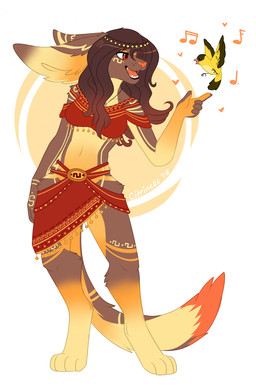 anthro belly_dancer clothed clothing duo female feral midriff navel open_mouth smile standing teeth tongue citrinelle avian bird canid canine fennec_fox fox mammal true_fox 2015 digital_media_(artwork) hi_res