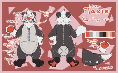anthro border grin grinning_at_viewer lustful_eyes male paws pink_border plushie pouch_(anatomy) smile smiling_at_viewer solo standing stuffing zipper vinostained maxie_(seatooby) plushxie animate_inanimate humanoid living_plushie mammal mustelid otter absurd_res hi_res model_sheet reference_image