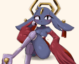 anthro avian_feet big_breasts big_ears black_eyes blue_body blue_fur blush blush_lines breasts cleavage clothed clothing crossed_legs ear_piercing female floppy_ears forehead_gem front_view fur gem halo looking_at_viewer lop_ears open_mouth piercing prosthetic prosthetic_leg prosthetic_limb pupils red_clothing simple_background sitting slit_pupils solo thick_thighs white_background wide_hips 17hornet77987 nine_sols red_candle_games goumang_(nine_sols) felid feline mammal solarian hi_res