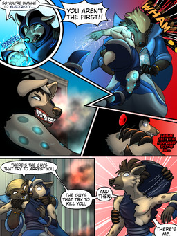 clothed clothing electricity fight imminent_rape imminent_sex lightning male male/male nipples outside superhero supervillain tearing_clothing text torn_clothing trashbadger badger honey_badger hyena mammal mustelid musteline 3:4 comic english_text hi_res multiple_scenes