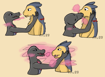 ambiguous_gender anthro duo fog foreplay fur happy holding_head kissing open_mouth pheromones size_difference smile surprised tongue tongue_out furryrawruwu88 nintendo pokemon generation_2_pokemon generation_7_pokemon pokemon_(species) salazzle scalie typhlosion 2025 colored digital_drawing_(artwork) digital_media_(artwork) signature