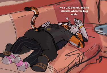 anthro biped duo fur furniture grey_body grey_fur hug lying lying_on_sofa male on_sofa orange_body orange_fur plushie slightly_chubby slightly_chubby_anthro slightly_chubby_male sofa white_body white_fur shov_16 epic_games fortnite he_is_280_lbs_and_he_decides_when_the_hugs_end fletcher_kane oscar_(fortnite) canid canine canis felid mammal pantherine tiger wolf 2025 hi_res meme