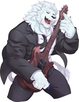 anthro barazoku clothed clothing electric_guitar fur guitar hair looking_at_viewer male music musical_instrument necktie plucked_string_instrument simple_background smile solo string_instrument suit white_body white_fur estper felid lion mammal pantherine 2019 absurd_res digital_media_(artwork) hi_res