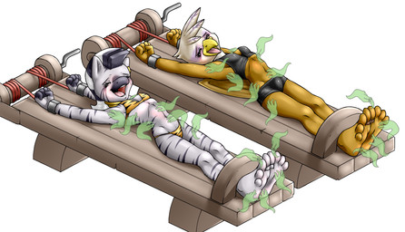 4_toes anthro anthrofied arms_above_head barefoot bdsm beak black_hair blush bodily_fluids bondage bound bra breasts clothing cuff_(restraint) duo feet female hair hands_everywhere humanoid_feet laugh lying mohawk navel on_back open_mouth panties plantigrade restrained restraints rope saliva shackles simple_background stocks stripes submissive submissive_female tears tickle_torture tickling tickling_armpits tickling_feet toe_restraints toes toes_tied torture_device torture_rack_(device) underwear white_background white_hair wings wtfeather friendship_is_magic hasbro my_little_pony mythology gilda_(mlp) zecora_(mlp) avian equid equine ghost gryphon mammal mythological_avian mythological_creature spirit zebra 2013 full-length_portrait portrait