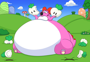 accessory anthro belly belly_expansion big_belly black_eyes blue_sky bodily_fluids bow_ribbon butt claws cloud crying expansion eyelashes female food hair_accessory hair_bow hair_ribbon huge_belly hyper hyper_belly hyper_pear monobutt morbidly_obese morbidly_obese_anthro morbidly_obese_female multicolored_body obese obese_anthro obese_female outside overweight overweight_anthro overweight_female pink_body pink_tail pipe plant red_bow ribbons ring siphon_(anatomy) sitting sky solo tail tears toe_claws turnip two_tone_body vegetable white_body sinful-doge mario_bros nintendo birdo_(character) birdo food_creature 2025 cel_shading colored digital_media_(artwork) hi_res shaded