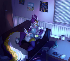 anthro baby_bottle beverage blush clothed clothing coffee coffee_mug computer_mouse diaper diaper_fetish diaper_under_clothing dildo hair heart_symbol male pacifier purple_hair sex_toy solo tissue vibrating_diaper vibrator wand_vibrator wearing_diaper minettefraise canid canine fennec_fox fox mammal true_fox hi_res