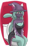 anthro big_breasts blue_body blue_fur breasts butt clothed clothing female fur hair hat headgear headwear looking_at_viewer mask red_eyes robe simple_background sitting solo tail text toilet toilet_use topwear wearing_mask witch_hat wizard_hat wizard_robe notmypornaccount palworld pocketpair katress pal_(species) 2025 absurd_res digital_media_(artwork) hi_res
