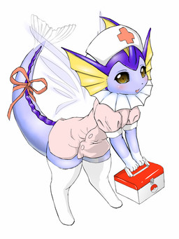 accessory anthro anthrofied biped blush bow_(feature) bow_accessory bow_ribbon clothed clothing female fin furgonomics hat headgear headwear legwear looking_at_viewer nurse nurse_clothing nurse_uniform open_mouth pokemorph ribbons simple_background smile solo standing tail tail_accessory tail_bow tail_ribbon uniform fuddy nintendo pokemon eeveelution generation_1_pokemon pokemon_(species) vaporeon 3:4