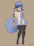 anthro black_nose blue_body blue_fur breasts clothing covering covering_crotch digitigrade featureless_breasts female fur legwear looking_up navel scarf simple_background smile solo standing stockings wide_hips kiit0s maku_(maku450) canid canine canis mammal wolf 2020