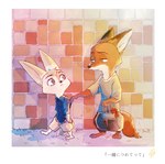 anthro clothing duo fur male young kabe2mugi disney zootopia finnick_(zootopia) nick_wilde canid canine fennec_fox fox mammal red_fox true_fox 2017 absurd_res hi_res