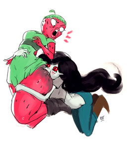 bite black_hair boots breasts clothing dress duo fangs female food footwear fruit grey_body grey_skin hair midriff not_furry open_mouth plant red_eyes shoes simple_background strawberry teeth thick_thighs white_background wide_hips redfred adventure_time cartoon_network ok_k.o.!_let's_be_heroes drupe_(ok_k.o.!_lbh) marceline_abadeer elemental_creature elemental_humanoid flora_fauna food_creature food_humanoid fruit_humanoid humanoid living_fruit plant_humanoid vampire crossover hi_res