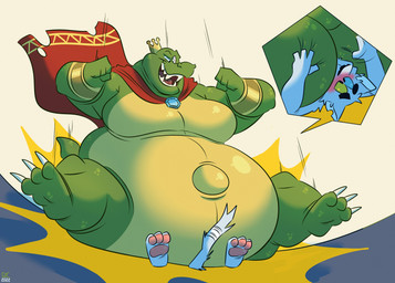 3_toes anthro belly big_belly bloodshot_eyes bracelet butt butt_slam cape claws clothing crown duo facesitting feet gold_(metal) gold_bracelet gold_jewelry green_body headgear jewelry male male/male moobs musclegut muscular muscular_anthro muscular_male obese obese_anthro obese_male overweight overweight_anthro overweight_male pecs simple_background sitting_on_another tail toes syc donkey_kong_(series) nintendo king_k._rool crocodile crocodilian domestic_cat felid feline felis kremling mammal reptile scalie absurd_res hi_res