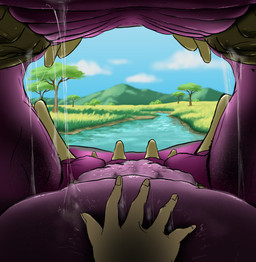 ambiguous_gender bodily_fluids cloud contrast detailed_background drooling feral first_person_view imminent_vore inside_mouth landscape macro micro mountain open_mouth oral_vore peaceful plant prey_pov reverse_mouth_shot river saliva savanna scenery sky solo teeth tongue tree vore naoki185 common_hippopotamus hippopotamid mammal