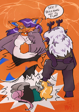 anthro antlers black_nose blue_stripes bottomwear clothed clothing countershading dialogue dominant dominant_female female female/female fur group hair horn kick long_hair orange_body pain panties pink_eyes purple_body purple_hair shark_tail skirt stripes trio underwear whiskers white_hair filthymintycake citra_(acidicshark) rhea_(acidicshark) american_opossum aquatic deer felid feline fish hybrid lynx mammal marsupial shark virginia_opossum 2026 absurd_res comic digital_media_(artwork) hi_res trans_(lore) trans_woman_(lore)