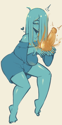 balls blue_body blue_clothing blue_eyes blue_hair blue_shirt blue_skin blue_topwear bottomless clothed clothing disembodied_penis duo female fire genitals hair heart_symbol long_hair male not_furry penis shirt simple_background solo_focus topwear white_background saucymauler mila_(spikedmauler) ghost humanoid spirit hi_res