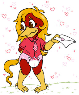 anthro beak blush blush_lines clean_diaper clothing diaper envelope feathers hair hand_behind_back heart_symbol long_hair long_tail male necktie pattern_necktie pink_clothing pink_diaper pink_shirt pink_topwear red_body red_feathers shirt shy_smile solo striped_necktie tail toddler topwear wetness_indicator yellow_beak yellow_body yellow_feathers young young_anthro littlecamper glori_gamebird avian bird galliform golden_pheasant phasianid pheasant