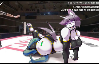 4_toes anthro anthro_focus big_breasts big_butt black_bars black_clothing black_crop_top black_gloves black_hair black_handwear black_legwear black_nails black_shirt black_tail black_toenails black_topwear breasts butt cleavage clothed clothing colored_nails crop_top cutie_mark dominant dominant_anthro dominant_female duo feet female female_anthro female_focus fighting_ring fur glistening glistening_body glistening_fur gloves hair handwear head_between_thighs horn inside legwear nails open_mouth question_mark sharp_nails sharp_toenails shirt short_hair short_tail tail text thick_thighs toenails toes tokyo_joshi_pro_wrestling topwear white_body white_fur wrestling randomgloves hasbro my_little_pony mythology anon equid equine human mammal mythological_creature mythological_equine unicorn hi_res japanese_text letterbox translation_request