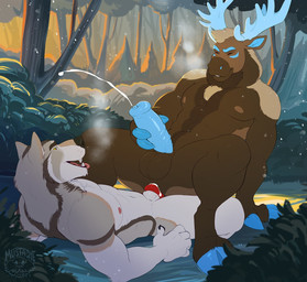 anal anal_penetration animal_genitalia animal_penis anthro anthro_on_anthro anthro_penetrated anthro_penetrating anthro_penetrating_anthro antlers balls blue_body blue_fur blue_penis bodily_fluids brown_body brown_fur canine_genitalia canine_penis cloven_hooves cowgirl_position cum cum_in_ass cum_inside cum_while_penetrated cumshot detailed_background duo ejaculation equine_genitalia equine_penis erection eyes_closed from_front_position fur genital_fluids genitals grey_body grey_fur hooves horn knot knotted_penis lying male male/male male_anthro male_penetrated male_penetrating male_penetrating_male medial_ring muscular muscular_anthro muscular_male nipples nude nude_anthro nude_male on_back on_bottom on_top open_mouth open_smile outside penetration penile penile_penetration penis penis_in_ass red_penis sex sheath sitting smile spread_legs spreading tan_body tan_fur teeth tongue tongue_out yellow_eyes mustachemutt major_wolf markov_(benzo) canid canine canis deer mammal moose new_world_deer wolf