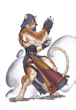 anthro assassin belt biped bottomwear claws clothed clothing fight fingerless_gloves gloves handwear hood loincloth looking_at_viewer male muscular muscular_anthro muscular_male pose simple_background solo stripes tail warrior white_background brett_booth demonpuppy domestic_cat felid feline felis hybrid liger lion mackerel_tabby mammal pantherine tabby_cat tiger digital_media_(artwork) source_request