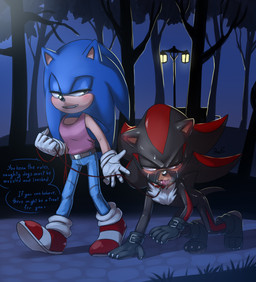 all_fours anthro ball_gag bdsm bedroom_eyes black_body black_fur black_nose blue_body blue_fur blush bodily_fluids bottomwear chest_tuft clothing collar countershade_face countershade_torso countershading dialogue dominant dominant_male duo femboy footwear fur gag gagged gloves grass half-closed_eyes handwear humiliation leash light looking_away male male/male muzzle_(object) muzzled narrowed_eyes night outside pants park petplay pink_clothing pink_shirt pink_tank_top pink_top pink_topwear plant public public_humiliation red_body red_eyes red_fur roleplay seductive shirt shoes sidewalk speech_bubble street_lamp submissive submissive_male sweat tan_body tan_countershading tan_skin tank_top text topwear tree tuft walkies walking white_body white_fur krazyelf sega sonic_the_hedgehog_(series) shadow_the_hedgehog sonic_the_hedgehog eulipotyphlan european_hedgehog hedgehog mammal english_text hi_res