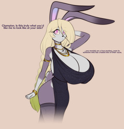 anthro armlet big_breasts blonde_hair bracelet braided_hair breasts choker clothing dialogue eyebrows eyelashes female grey_body hair huge_breasts jewelry legwear necklace pink_eyes solo stockings text white_body scorpdk lagomorph leporid mammal rabbit 2026 english_text hi_res