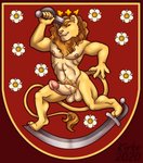 anthro coat_of_arms crown genitals headgear humanoid_genitalia humanoid_penis male melee_weapon muscular muscular_anthro muscular_male penis solo sword weapon kirkesan suomileijona felid lion mammal pantherine absurd_res hi_res