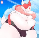 anthro belly big_belly biped bottomwear breasts bulge claws clothing detailed_bulge fur gynomorph hair intersex low-angle_view markings navel obese obese_gynomorph obese_intersex overweight overweight_anthro overweight_gynomorph overweight_intersex red_body red_fur red_hair red_markings simple_background sky skyscape smile solo thick_thighs topwear white_body white_fur wide_hips thaasteo nintendo pokemon zandra_(itszangeese) generation_3_pokemon mammal pokemon_(species) zangoose 2022 digital_media_(artwork) hi_res