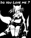 anthro bandeau bottomwear breasts claws clothed clothing ear_piercing female fur hair piercing shorts skimpy smile solo topwear torn_clothing underwear weapon moonyeah canid canine canis mammal wolf black_and_white monochrome