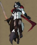 anthro cape clothing floating magic_user male melee_weapon scarf solo sword warrior weapon umpherio lenn_(lennfox) canid canine fox mammal absurd_res hi_res