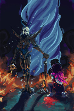 anthro antlers armor blonde_hair blood blue_body blue_skin bodily_fluids dark_fountain dismemberment duo female fire hair horn mask melee_weapon snow sword weapon arino deltarune undertale_(series) carol_holiday kris_(deltarune) roaring_knight deer mammal new_world_deer reindeer 2:3 absurd_res hi_res
