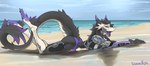 beach cybernetic_arm cybernetic_limb cybernetics female looking_at_viewer lying machine on_front open_mouth open_smile pawpads sand side_view smile solo tail water linuell sergal hi_res