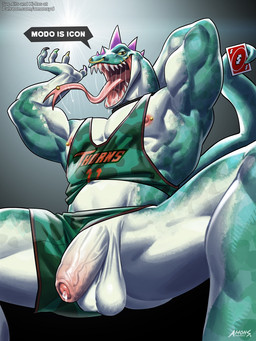 anthro biped bodily_fluids bottomwear bottomwear_aside claws clothed clothing clothing_aside facial_piercing foreskin forked_tongue genital_fluids genitals humanoid_genitalia humanoid_penis jockstrap long_tongue looking_at_viewer looking_down looking_down_at_viewer male muscular muscular_male nipple_piercing nipples nose_piercing nose_ring penis penis_poking_out penis_through_leghole piercing pink_nipples precum raised_clothing raised_shirt raised_tank_top raised_topwear ring_piercing saliva saliva_string sharp_teeth shirt shorts simple_background solo speech_bubble spread_legs spreading tank_top teeth text tongue tongue_out tongue_piercing topwear underwear vein veiny_penis amon-sydonai goat_(movie) patreon sony_corporation sony_pictures uno uno_reverse_card modo_olachenko komodo_dragon lizard monitor_lizard reptile scalie 3:4 hi_res url