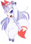 anthro blue_eyes female flat_chested fur hair kemono long_hair one_eye_closed open_mouth raised_arm simple_background solo white_background white_body white_fur white_hair wink ukan_muri sakame_(ukan_muri) canid canine fox mammal