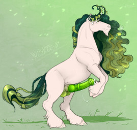 animal_genitalia animal_penis balls bodily_fluids braided_tail breath chin_tuft equine_genitalia equine_penis erection facial_tuft feral fur genital_fluids genitals green_background green_balls green_eyes green_mane green_tail hybrid_genitalia hybrid_penis knot knotted_equine_penis knotted_penis male male_feral mane medial_ring mouth_closed narrowed_eyes penis precum precum_string side_view simple_background solo tail tuft wavy_mane white_body white_fur huskii-s equid equine horse mammal hi_res signature