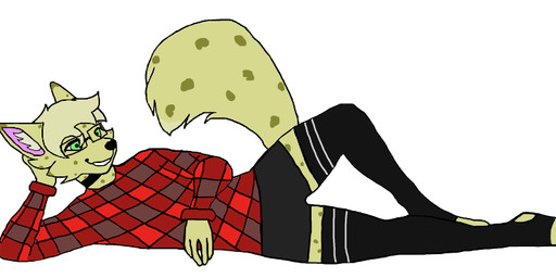 anthro choker clothing collar eyewear femboy flannel glasses inner_ear_fluff jacket jewelry legwear lying male necklace on_side rectangular_glasses solo spots thigh_highs topwear tuft mappes maple_(mappes) felid feline mammal serval