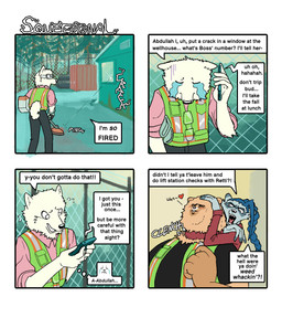 4_panel_comic angry anthro bodily_fluids broken_glass broken_window chokehold clothed clothed_anthro clothed_female clothed_male clothing crying dialogue eyewear female fence fully_clothed fully_clothed_anthro fully_clothed_female fully_clothed_male glass gloves group handwear heart_symbol male masochism outside power_tool safety_vest tears text tools topwear trio vest weedwhacker working hieronymusjohnson abdullah_(hieronymusjohnson) squeez_(hieronymusjohnson) canid canine canis domestic_dog mammal nordic_sled_dog samoyed spitz 2025 aliasing binary_drawing comic digital_drawing_(artwork) digital_media_(artwork) english_text hi_res