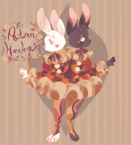 anthro autumn black_body black_fur clothed clothing conjoined costume diamonds_(suit) dress duo female flower fully_clothed fur harlequin heart_symbol humor makeup neck_bow plant pun red_eyes smile suit_symbol text white_body white_fur hkasof hare lagomorph leporid mammal absurd_res english_text hi_res smaller_version_at_source sibling_(lore) sister_(lore) sisters_(lore) twins_(lore)
