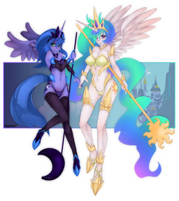 anthro anthrofied armor armwear blue_body blue_eyes blue_feathers blue_hair blush bra canterlot castle clothed clothing crescent_moon crown duo elbow_gloves feathered_wings feathers female gloves hair handwear headgear horn legwear long_hair melee_weapon moon multicolored_hair navel panties pink_eyes polearm princess rainbow_hair royalty skimpy staff stockings sun tail underwear water waterfall weapon white_body white_feathers wings slugbox friendship_is_magic hasbro my_little_pony mythology princess_celestia_(mlp) princess_luna_(mlp) equid equine mammal mythological_creature mythological_equine winged_unicorn