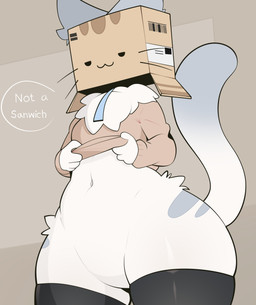 ambiguous_anthro ambiguous_gender anthro bedroom_eyes bottomless box cardboard cardboard_box cardboard_mask clothed clothing clothing_lift container dialogue featureless_crotch flat_chested fur legwear narrowed_eyes navel nude_ambiguous nude_anthro null seductive shirt shirt_lift simple_background simple_face smile smug solo speech_bubble sweater thick_thighs thigh_highs topwear whiskers white_body white_fur wide_hips sadbox10 animal_humanoid box_head cat_humanoid felid felid_humanoid feline feline_humanoid humanoid mammal mammal_humanoid absurd_res hi_res