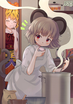 apron blonde_hair blush bowl breasts clothed clothing container cooking cooking_pot duo eyes_closed female grey_hair hair kitchen red_eyes rolled_up_sleeves short_hair smile tail white_apron white_clothing iris_anemone touhou nazrin shou_toramaru animal_humanoid human humanoid mammal mammal_humanoid mouse_humanoid murid murid_humanoid murine murine_humanoid rodent rodent_humanoid absurd_res hi_res