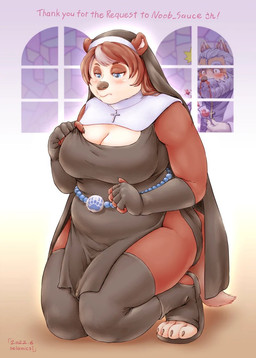 absolute_territory alcohol anthro beads beard belly belt beverage big_breasts blood blush bodily_fluids breasts cleavage clothed clothing container cross cross_necklace cup curvy_figure drinking_glass exposed_thighs facial_hair female fingerless_gloves footwear fur glass glass_container glass_cup gloves hair handwear highlights_(coloring) jewelry kneeling legwear looking_at_breasts male necklace nosebleed nun nun_outfit overweight overweight_female prayer_beads simple_background solo_focus spilling_drink surprised thick_thighs thigh_highs vein voluptuous wide_hips wine wine_glass selamics1 blizzard_entertainment warcraft background_character pacchi bear mammal pandaren red_pandaren signature